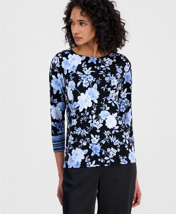 アンクライン レディース アウター ニット・セーター プリント Anne Klein Womens Printed 34Sleeve BoatNeck Top Anne Black Multi ブラッ