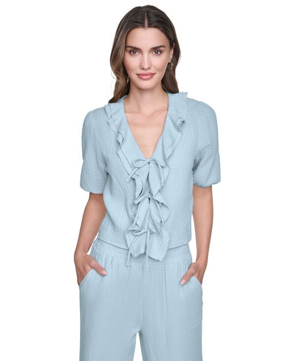 ダナキャランニューヨーク レディース トップス シャツ Vネック パフスリーブ DKNY Jeans Womens VNeck Short PuffSleeve TieFront Shirt Mine