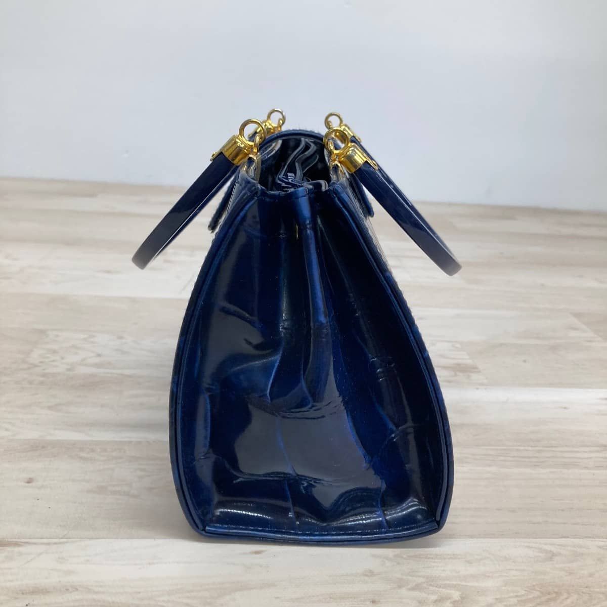クロコダイル型押し ハンドバッグ ネイビー/ブルー系 ゴールド金具