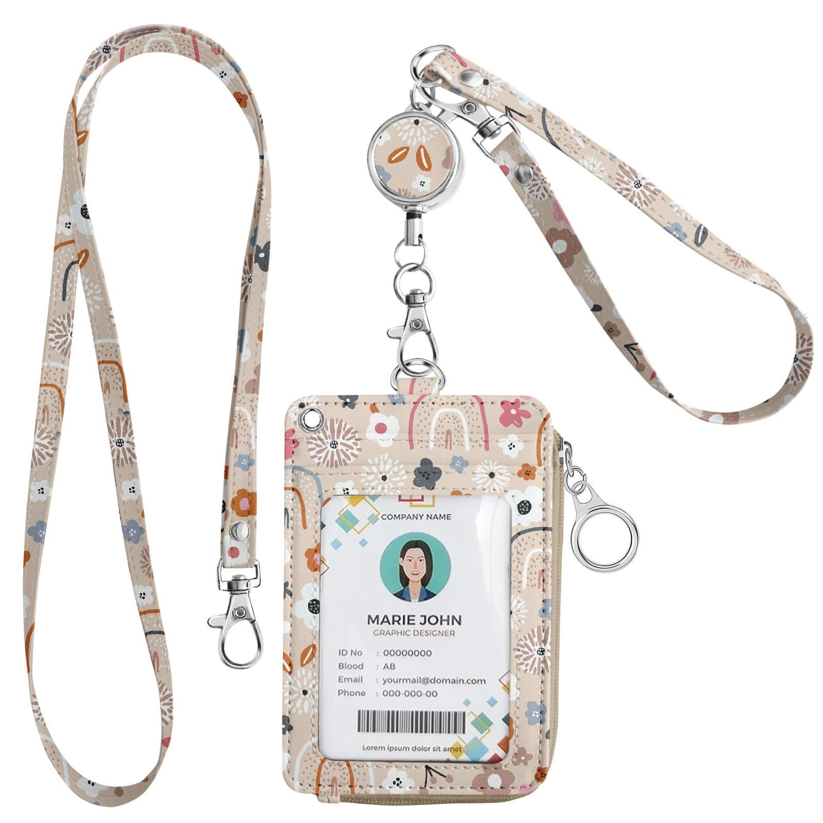 “Big Bargain” Cute Commuter Holder with Reel, Double Sided Women's Pass Case, Transportation IC Card Case, Thin, 5-Card Storage, ID Card Holder, Vertical Employee ID Case, Coin Case, Card Case, Zipper Pocket, Commuter to School, Flower and Rainbow