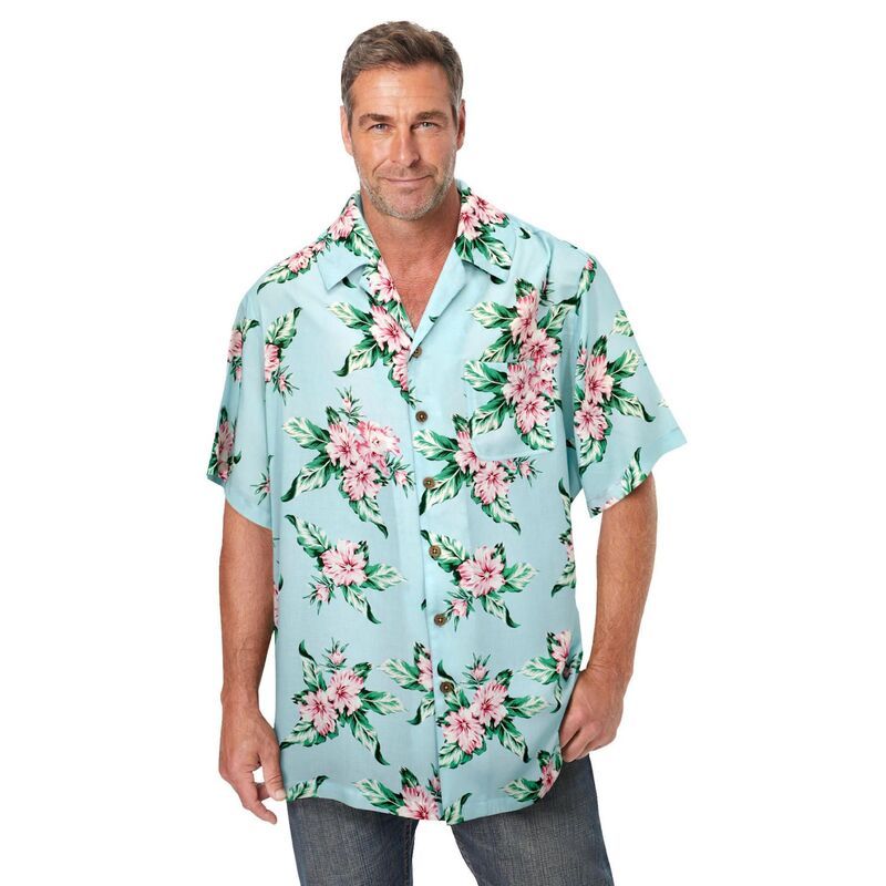 キングサイズ レディース トップス Tシャツ プリントール KingSize Mens Big Tall Printed Camp Shirt Light Blue Hibiscus ブルー