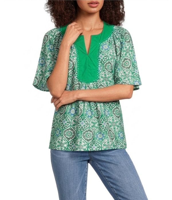 カレッサ レディース トップス シャツ Vネック プチ Calessa Petite Size Garden Mosaic Split Round VNeck Short Sleeve Tunic G