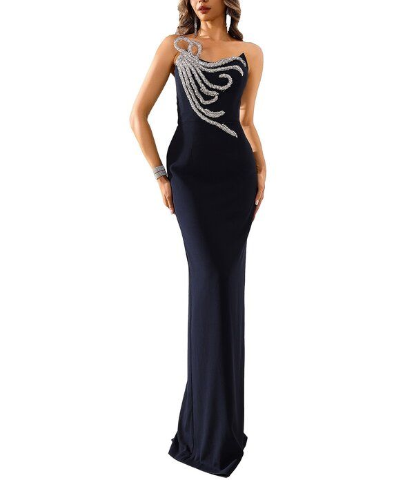 テラニクチュール レディース トップス ワンピース クレープ Terani Couture Crepe Beaded Scoop Neckline Sheath Gown Midnight