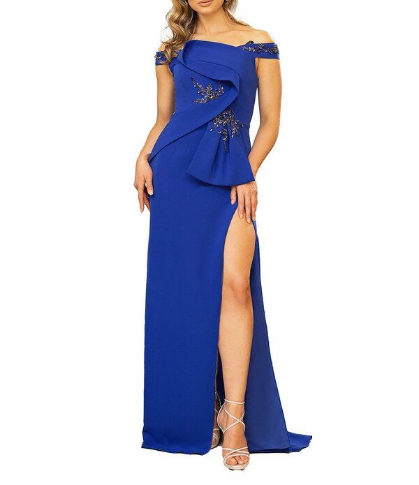 テラニクチュール レディース トップス ワンピース サテン Terani Couture Stretch Satin OffTheShoulder Applique Mermaid Gown Roya