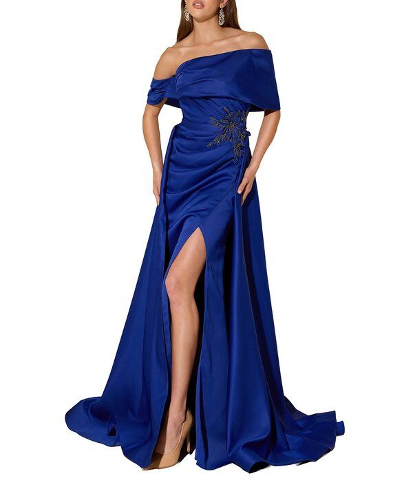 テラニクチュール レディース トップス ワンピース Terani Couture Off The Shoulder Shimmer Organza Longown Royal