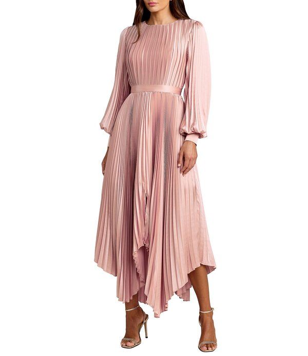 マックダガル レディース トップス ワンピース バルーンスリーブ プリーツ ミディ サテン Mac Duggal Pleated Satin Round Neck Long Balloon Sleev