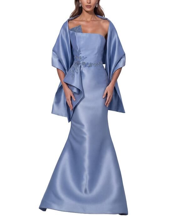 テラニクチュール レディース トップス ワンピーストラップレス Terani Couture Strapless Beaded Mikado Gown With Shawl Slate スレート