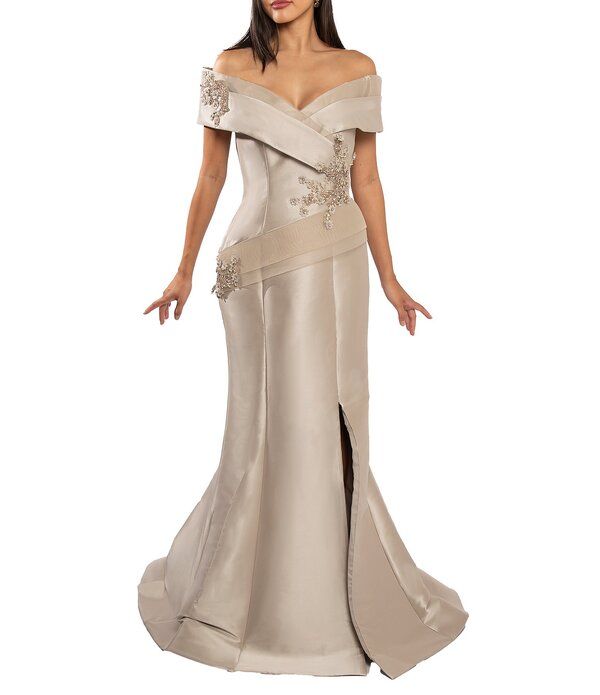 テラニクチュール レディース トップス ワンピース プリーツ Terani Couture Pleated OfftheShoulder Short Sleeve Mermaid Gown Taupe