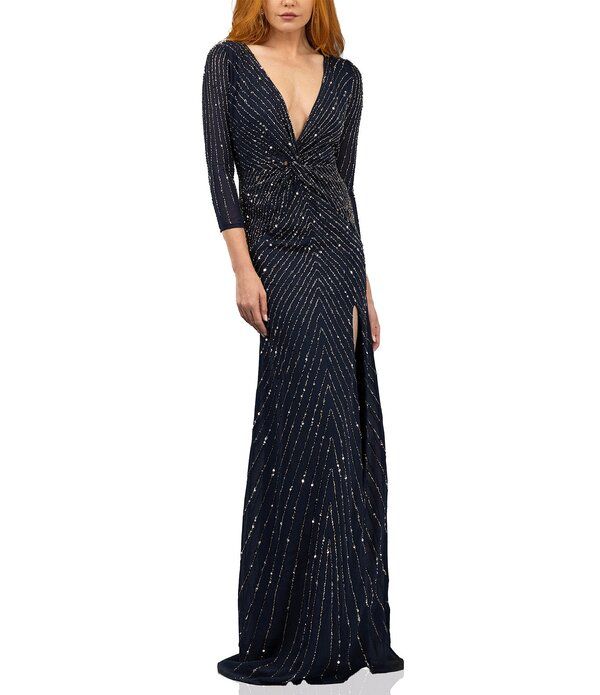 テラニクチュール レディース トップス ワンピース Vネック シフォン スパンコール Terani Couture V Neck 34 Sleeve Sequin Chiffon Column Gow