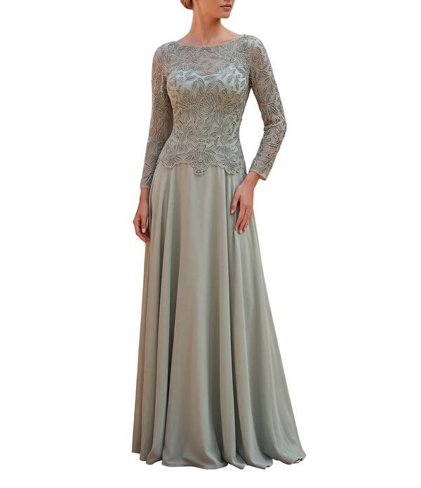 テラニクチュール レディース トップス ワンピース シフォン クルーネック レース Terani Couture Chiffon Lace Crew Neck Long Sleeve Beaded B