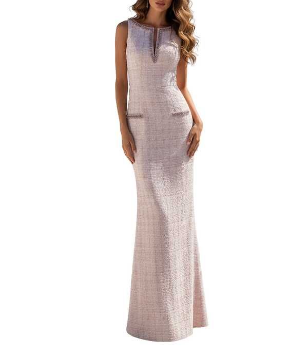テラニクチュール レディース トップス ワンピース クルーネック ツイード Terani Couture Crew Neck Tweed Column Gown Pink Multi ピンク