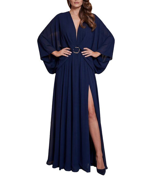 テラニクチュール レディース トップス ワンピース Vネック Terani Couture Deep V Neck Flowy Gownavy ネイビー