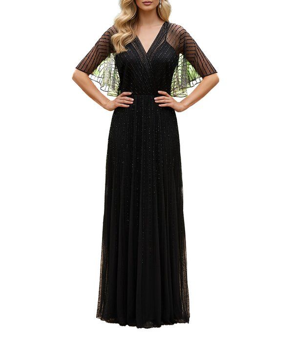 テラニクチュール レディース トップス ワンピース メッシュ スパンコール Terani Couture Flutter Sleeve Sequin Mesh Blouson Gown Black ブ