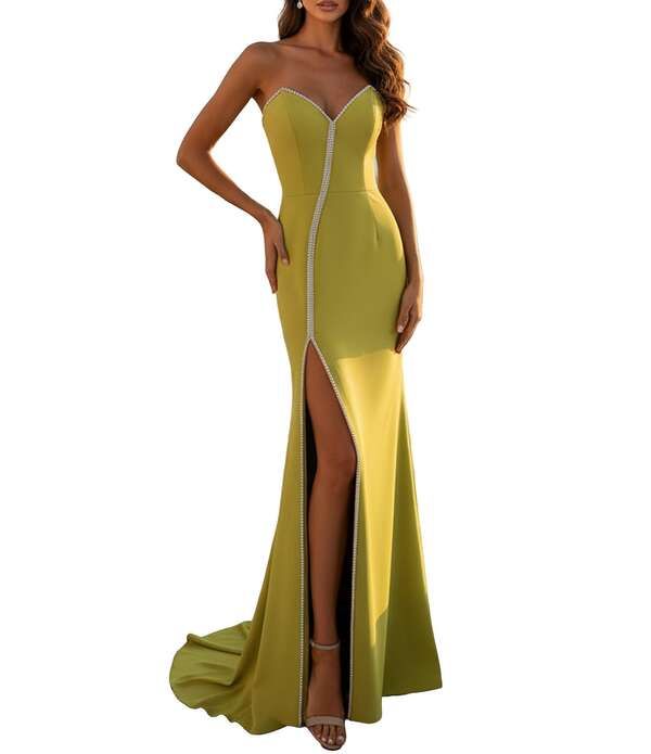テラニクチュール レディース トップス ワンピースキューバ Terani Couture Sweetheart Scuba Column Gown Lime ライム
