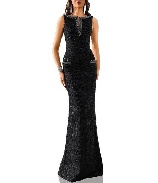 テラニクチュール レディース トップス ワンピース ツイード ノースリーブ Terani Couturembellished Boat Neck Sleeveless Tweed Column Gow