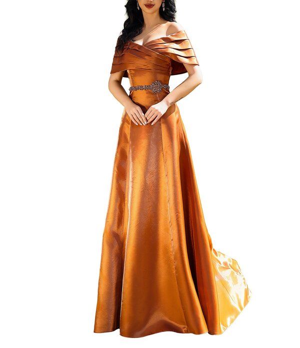 テラニクチュール レディース トップス ワンピース Terani Couture Off the Should Shimmer Organza Gown Cognac