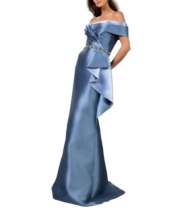 テラニクチュール レディース トップス ワンピース フリル Terani Couture OffTheShoulderuffle Front Mikado Sheath Gown Denim Blue