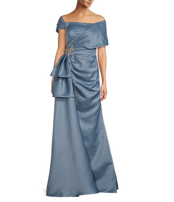 テラニクチュール レディース トップス ワンピース ドレープ サテン Terani Couture Satin Off The Shoulder Neck Short Sleeve Front Rhi