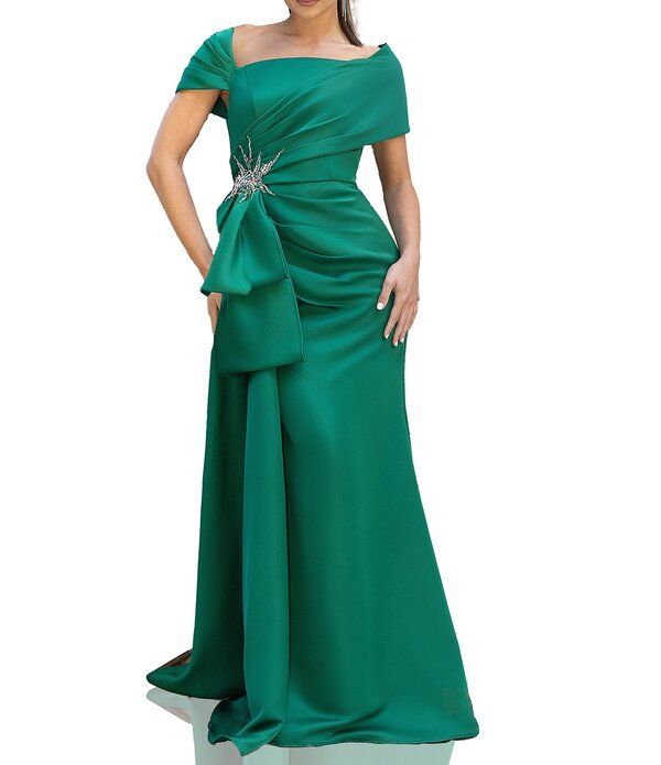 テラニクチュール レディース トップス ワンピース ドレープ サテン Terani Couture Satin Off The Shoulder Neck Short Sleeve Front Rhi