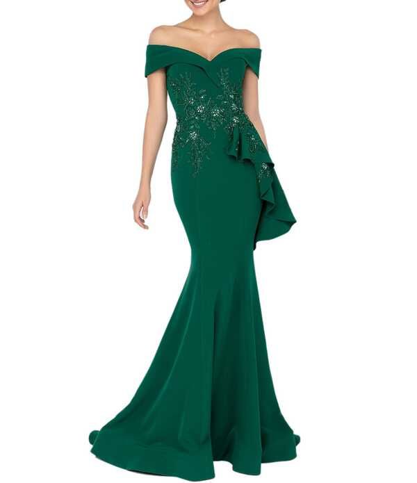 テラニクチュール レディース トップス ワンピース Terani Couture OfftheShoulder Short Sleeve Peplum Beaded Applique Mermaid