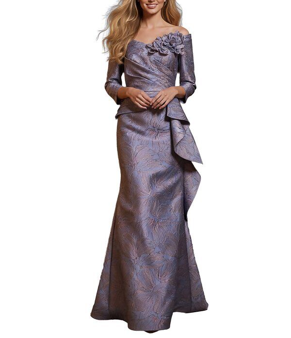 テラニクチュール レディース トップス ワンピース アシンメトリー フリル Terani Couture Jacquard Asymmetrical Neckline Long Sleeve Larg