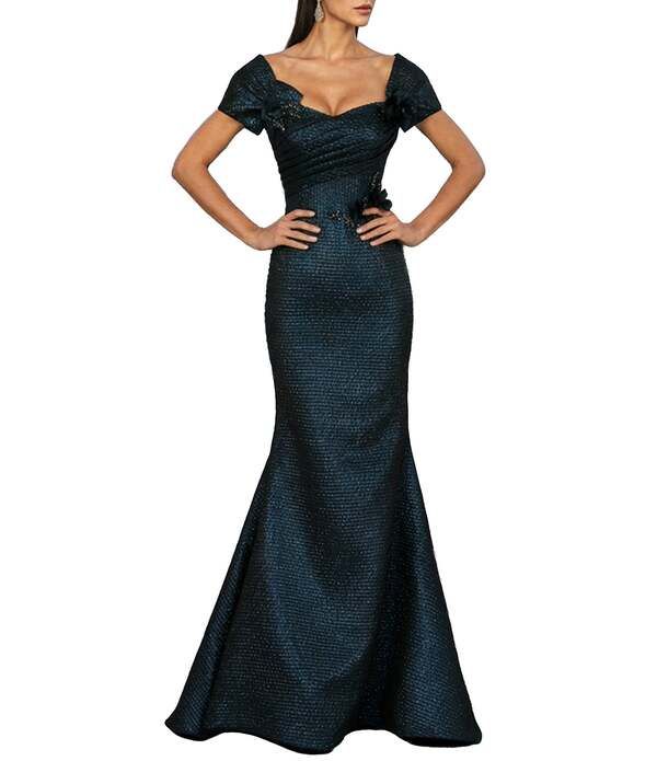 テラニクチュール レディース トップス ワンピース Terani Couture Jacquard OffTheShoulder Flower Applique Gownavy ネイビー