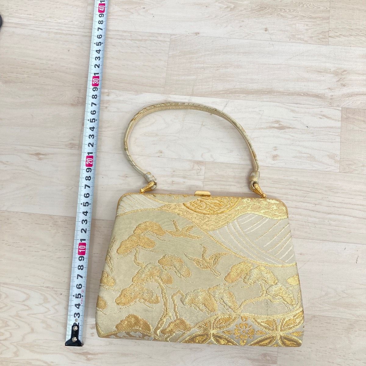 美品 和装バッグ/ハンドバッグ ゴールド系 織物 鶴 松 模様 品番X 1501