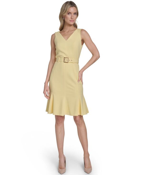 カルバンクライン レディース トップス ワンピース プリーツ Calvin Klein Womens Belted Pleated Hem Dress Lemon Ice