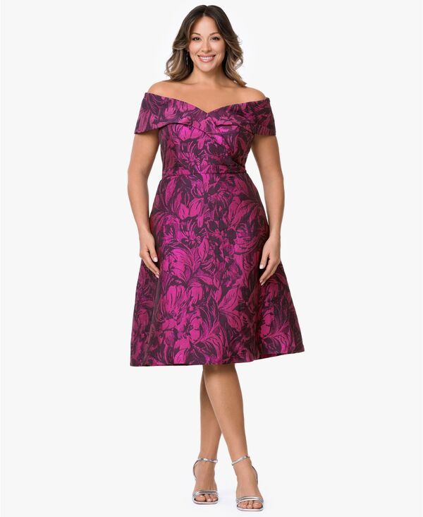 エスケープ レディース トップス ワンピース ミディ XSCAPE Womens OffTheShoulder Neck Midi Dress Fuschia Multi フューシャ