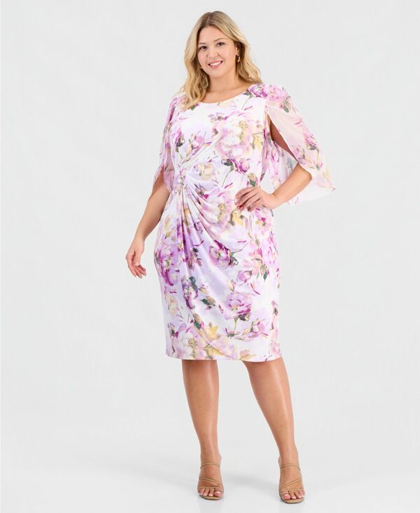コネクテッド レディース トップス ワンピース ケープデザイン フラワー柄 キャップ ケープ フラワー Connected Womens Floral Gathe redFront CapeSleev