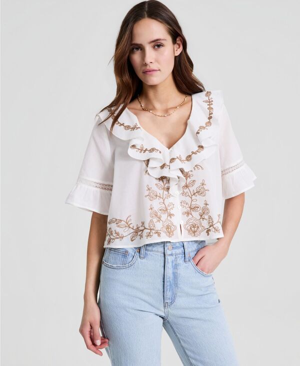 アンドノウディス レディース トップス シャツ 刺繍 ブラウス And Now This Womens Embroide red ElbowSleeve Flyaway Blouse White ホワ