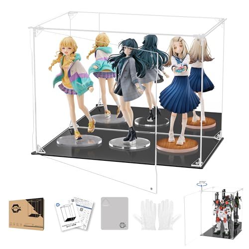 KUKER フィギュアケース アクリルケース UVカット 背面ミラー マグネット付き 前扉 コレクションケース ディスプレイケース ショーケース 組み立て式 汚れ防止 手袋 クリーニングクロス付き (幅40×奥行25×高さ30cm,台座黒＋背 252c128a