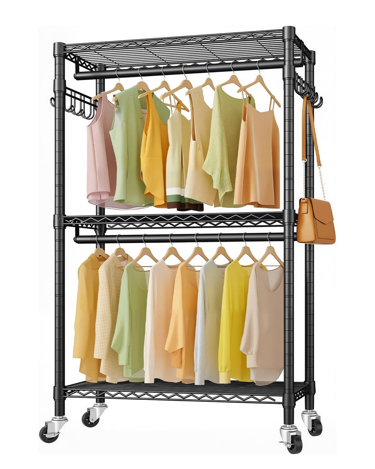 数量限定　スタンド 頑丈 け キャスター付き 洋服掛け 棚付き 洋服 ラック 耐荷重200kg 収納 コートハンガー ２段 クローゼット ワードローブ 大容量 服収納 防サビ加工 高さ調節 ふくかけるラック ハンガーラック 省スペース ハンガーかけ コートハン