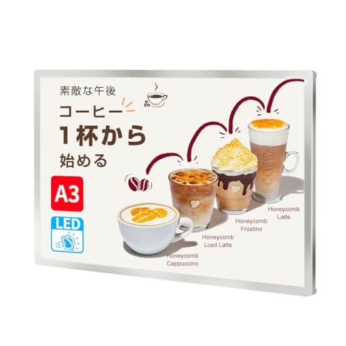 C-J-W LEDポスターパネル 薄型 卓上 壁掛け 光る看板 光るポスターフレーム ポスター入れLED看板 電飾看板 高輝度 高照度5500Lux A3サイズ シルバーAR d6430303