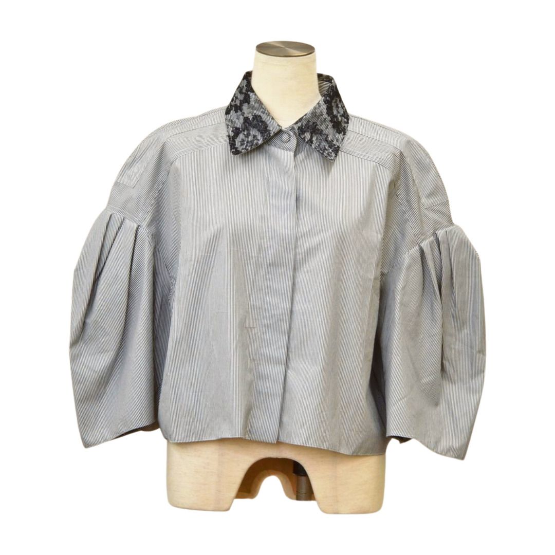 フェンディ FENDI ブラウス 部分レース ボリュームスリーブ ホワイト サイズ 44 CAMICIA COTTON STRIPES レディース F-YA1180