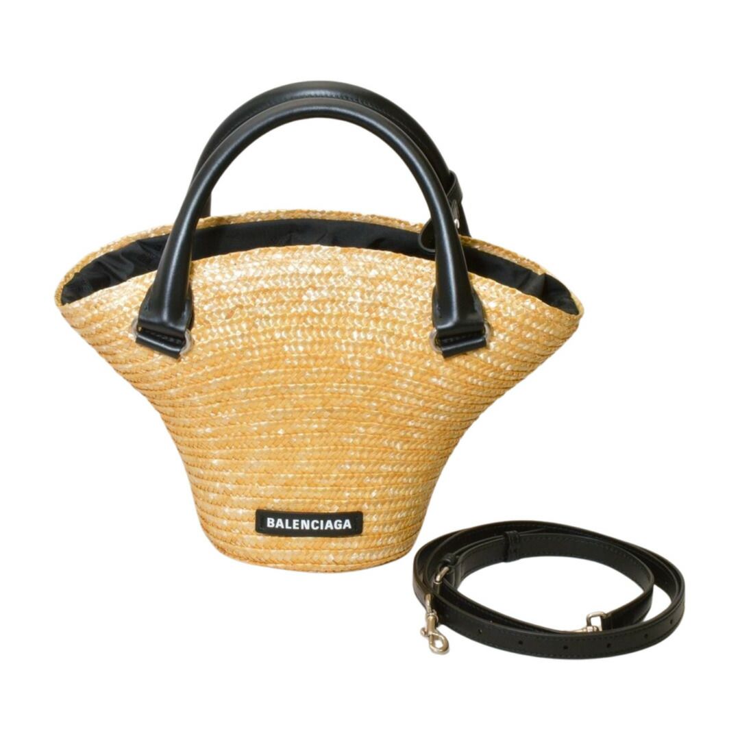 バレンシアガ BALENCIAGA 2WAY ハンドバッグ ラフィア×レザー かご バスケット ベージュ×ブラック レディース F-YA1095