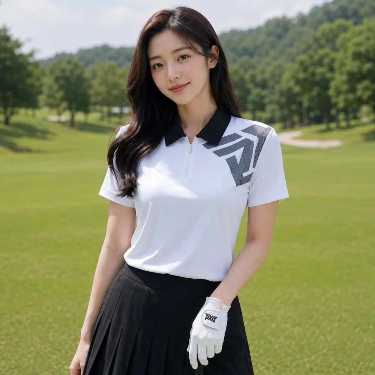正規品 PXG ゴルフ レディース BIG ロゴ ハーフ ジップアップ カラ Tシャツ 半袖 L