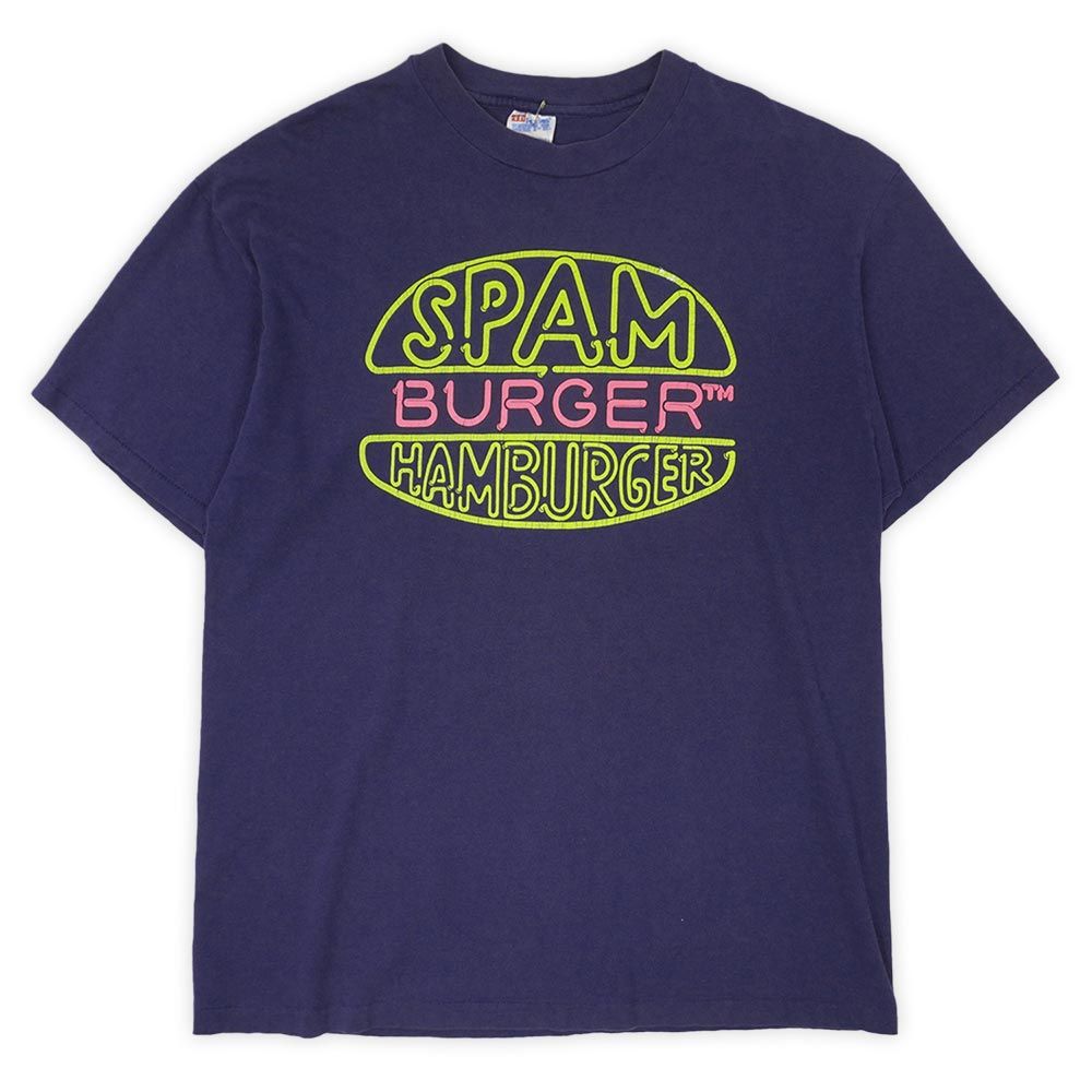 スパム SPAM 90s 90年代 両面プリントTシャツ ネオンサイン ハンバーガー 珍品 Hanes BEEFY ヘインズ シングルステッチ MADE IN USA アメリカ製 ヴィンテージ 古着 メンズ ネイビー 紺 XL【中古】