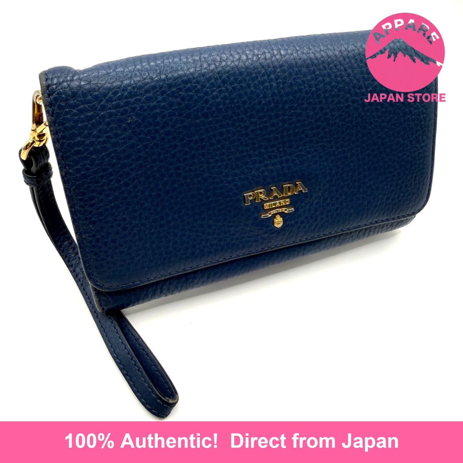 PRADA レザー ストラップ付きロングウォレット 長財布 ブルー