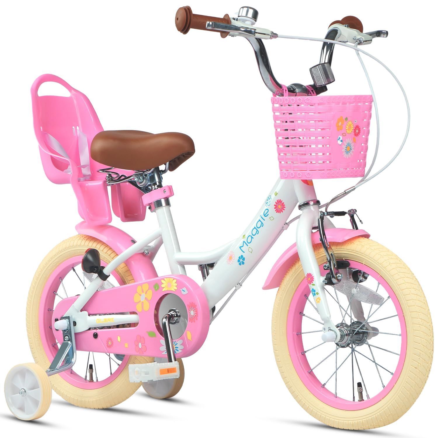 【在庫セール】女の子用 キッズバイク 幼児小学低学年乗り練習 子供用自転車 花柄 かご付き Maggie ぬいぐるみ座席付き vブレーキ Glerc 14/16/20インチ多色展開