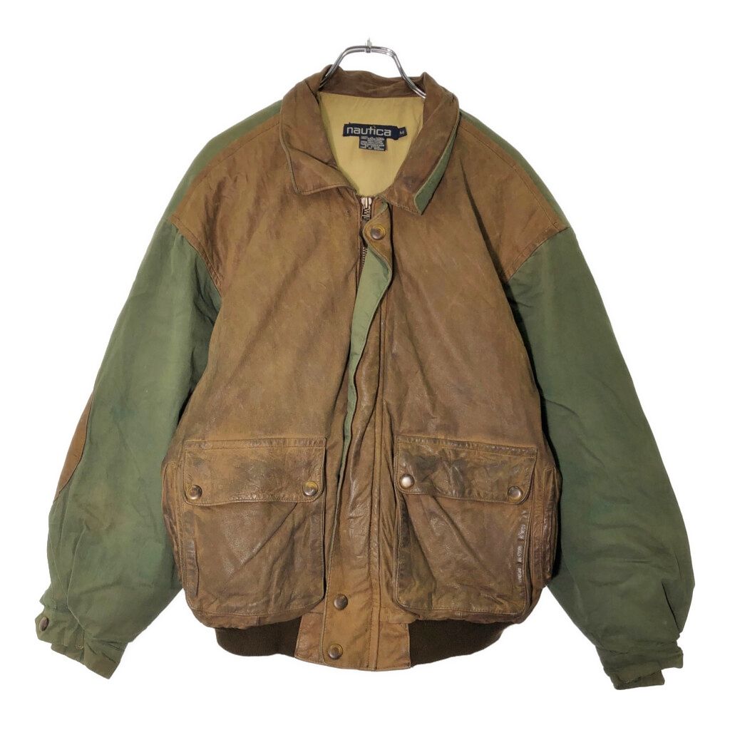 90年代 NAUTICA ノーティカ レザー切替 ダウンジャケット ブラウン(メンズ M)中古 古着 X0363