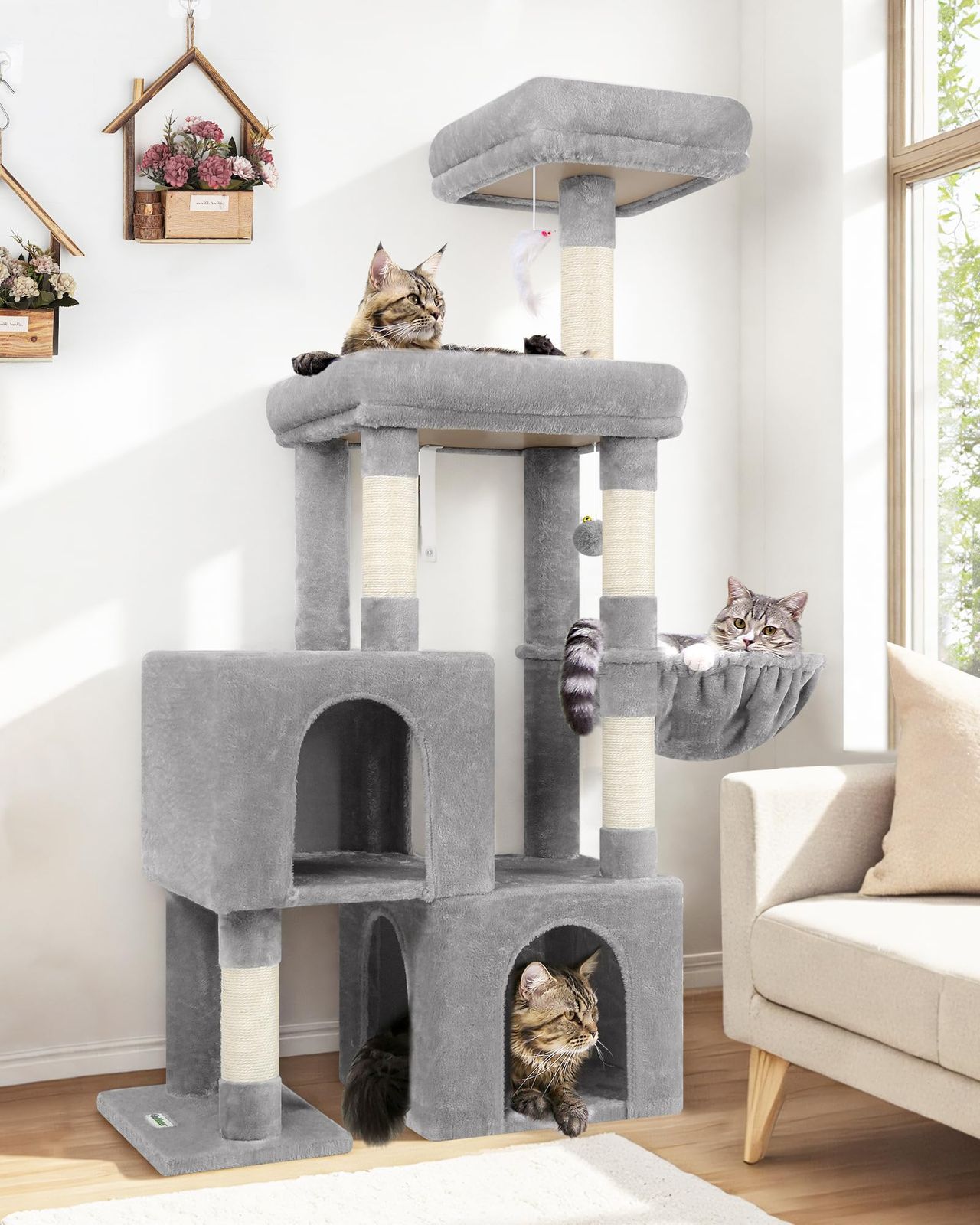 ★新品★Globlazer キャットタワー 安定 頑丈 多機能 多頭飼い専用 大型猫用 据え置き型 猫タワー キャットハウス2つ 広い見晴台 柔ら吊り下げバスケット 天然麻紐の爪とぎポスト5つ ぬいぐるみボー ぬいぐるみのネズミのおもちゃ 省 8f12f1b0