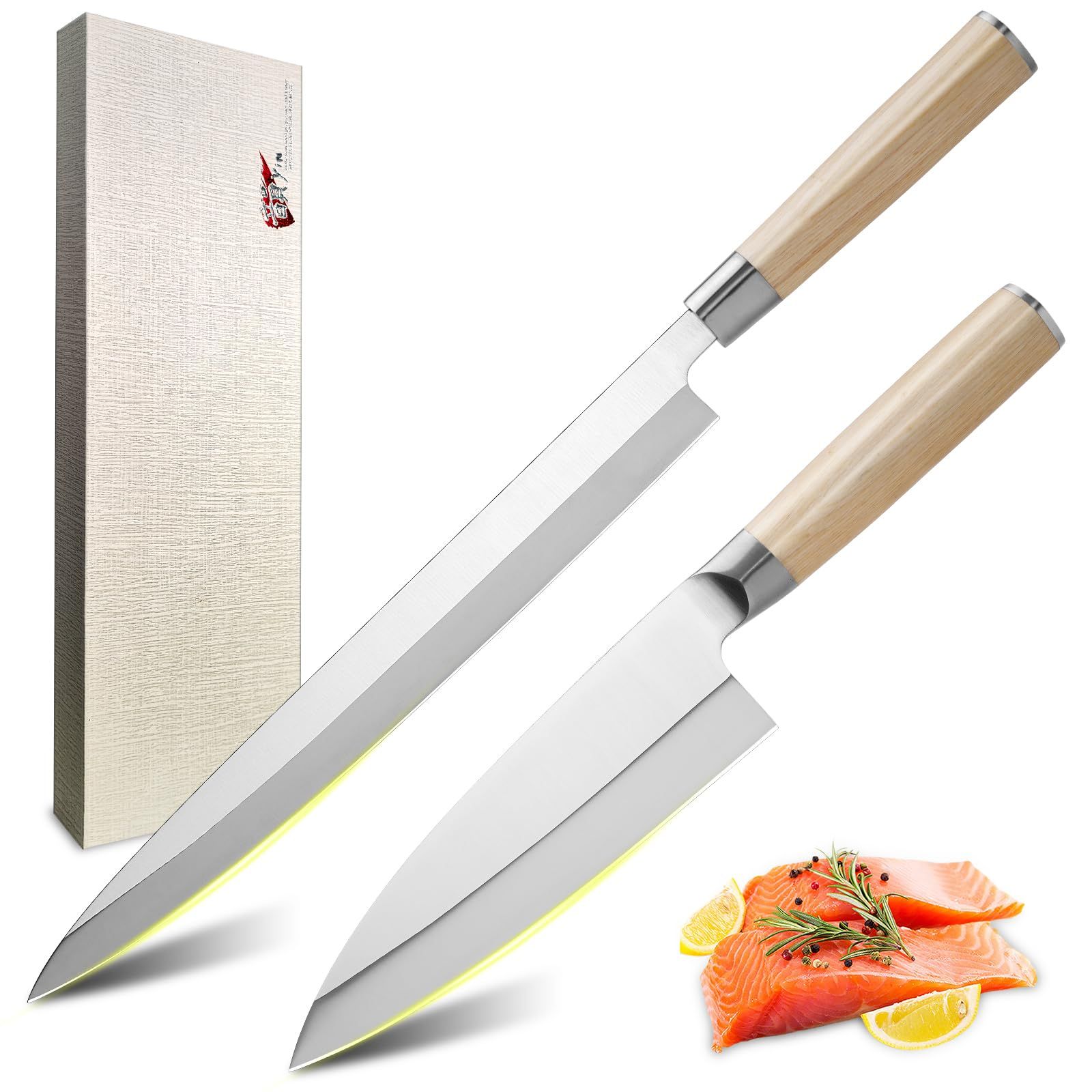 ☆新品☆包丁セット 韻yin【刺身包丁・出刃包丁】2点セット 高炭素ステンレス製 柳刃包丁 和包丁 片刃 防錆 切れ味長い 木製ハンドル 刺身 和食 魚捌く右利き 家庭向け ギフトボックス付き 7fe512aa