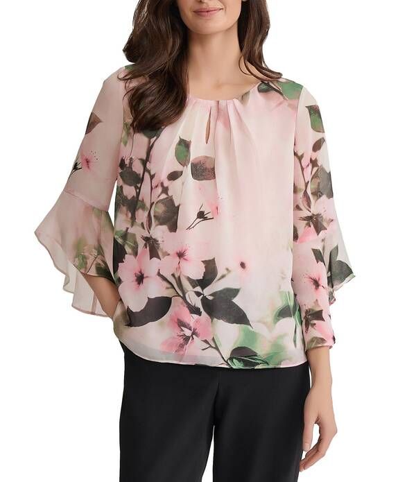 カスパール レディース トップス シャツ シフォン フラワー柄 プリント ブラウス フラワー Kasper Chiffon Floral Print 34 Flutter Sleeve With Ke