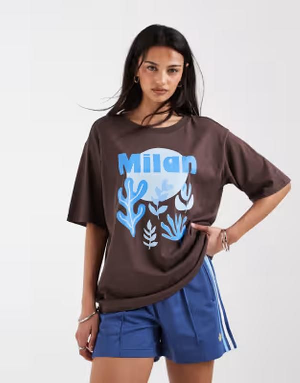 オンリー レディース トップス Tシャツ オーバーサイズフィット グラフィック ONLY Milan graphic oversized fitshirt Chocolate torte チョコレート