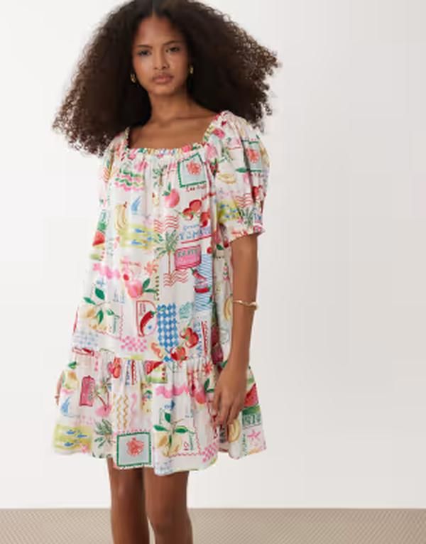 アクセサライズ レディース トップス ワンピース プリント ミニ Accessorize postcard print mini beach dress in multi マルチカラー