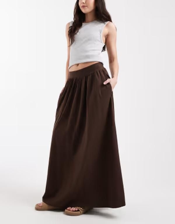 スリードベア レディース ボトムスカート A ライン ジャージー Threadbare jersey aline midaxi skirt in chocolate BROWN ブラウン