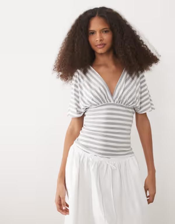 エイソス レディース トップス Tシャツ ノースリーブ ASOS DESIGN plunge sleeveless tie back cinch top and white stripesTRIPE