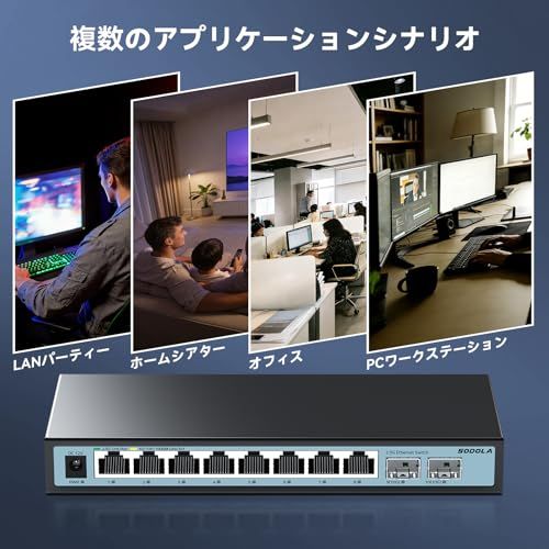 【迅速に発送】Sodola 2.5gbps スイッチングハブ 10ポート（8x2.5G RJ45と2x10G SFP+） 搭載 ファンレス静音設計 机の上に置く 家庭用およびオフィス用 プラグアンドプレイ 非管理型スイッチングハブ