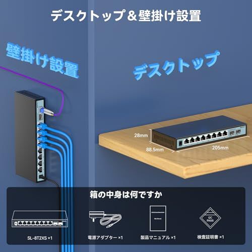 【迅速に発送】Sodola 2.5gbps スイッチングハブ 10ポート（8x2.5G RJ45と2x10G SFP+） 搭載 ファンレス静音設計 机の上に置く 家庭用およびオフィス用 プラグアンドプレイ 非管理型スイッチングハブ